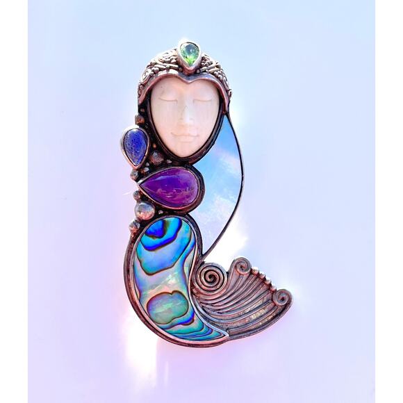 925 Silver Sajen Mermaid PIN PENDANT Abalone Shell Multi Gemstone Bali Goddess - Picture 8 of 10